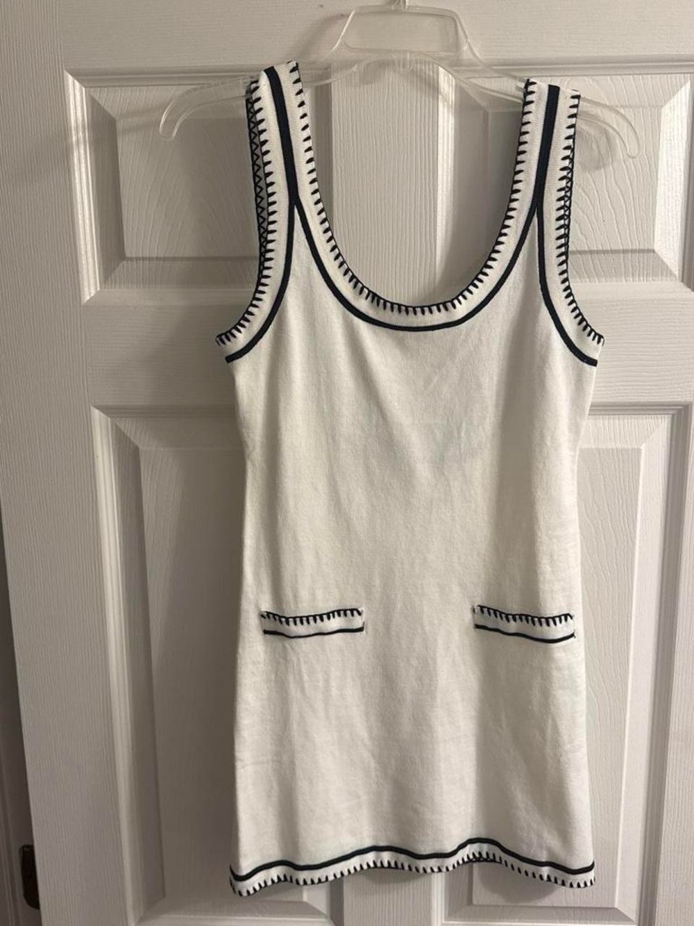 vestique White Knit Mini Dress with Black Trim